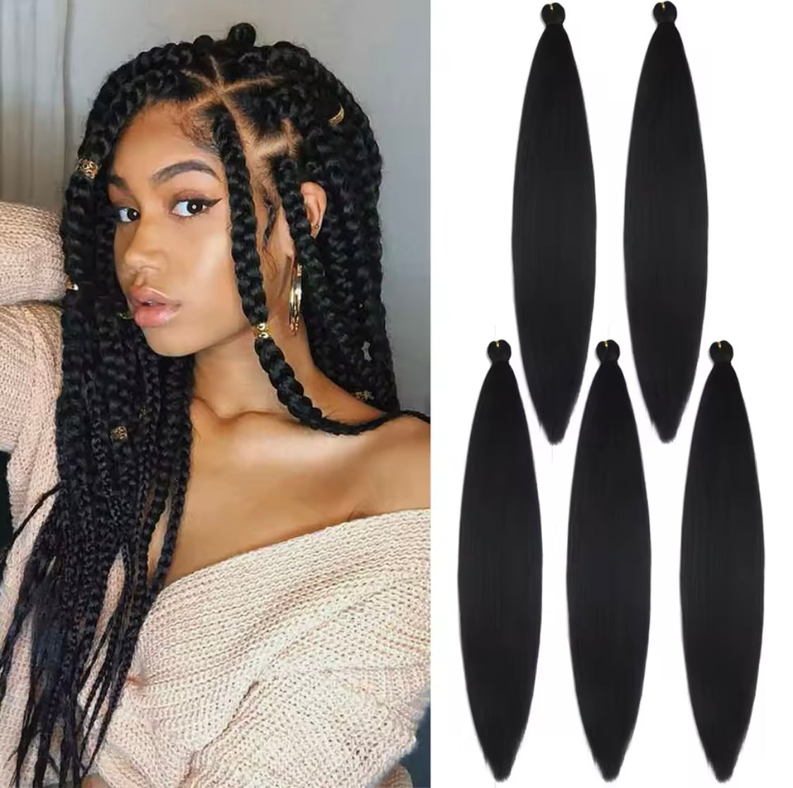 1 Stück Schwarz (Farbe 2) Pre Stretched Braiding Hair Yaki Texture Kunsthaar zum einflechten Zöpfe box Braids Haar Professional Synthetic Hair Extension Flechthaar Haarverlängerung - RAIZA Collection