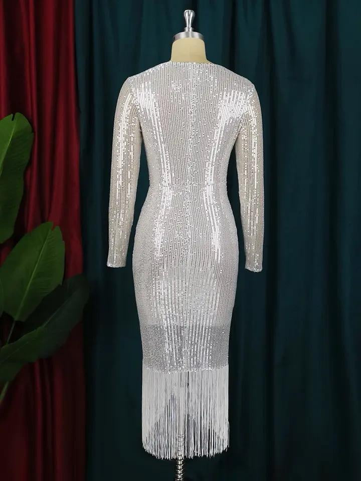 Damen elegantes midi Pailletten Figurbetontes Kleid mit Langarm - RAIZA Collection