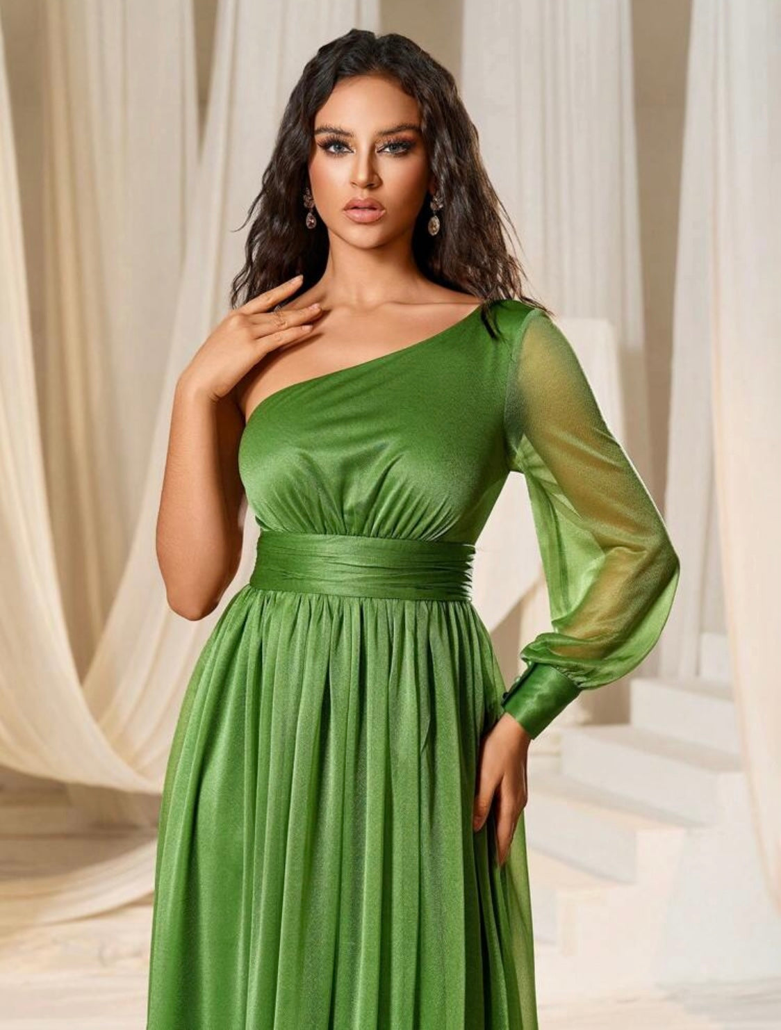 Stylischer und Figurbetontes Asymmetrischer Ausschnitt Langärmelig Damen Maxi Kleid mit einer Schulter frei - RAIZA Collection