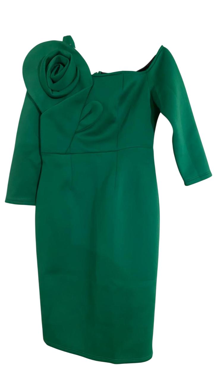Stylischer und Figurbetontes Asymmetrischer Ausschnitt Langärmelig Kleid mit Blume - RAIZA Collection