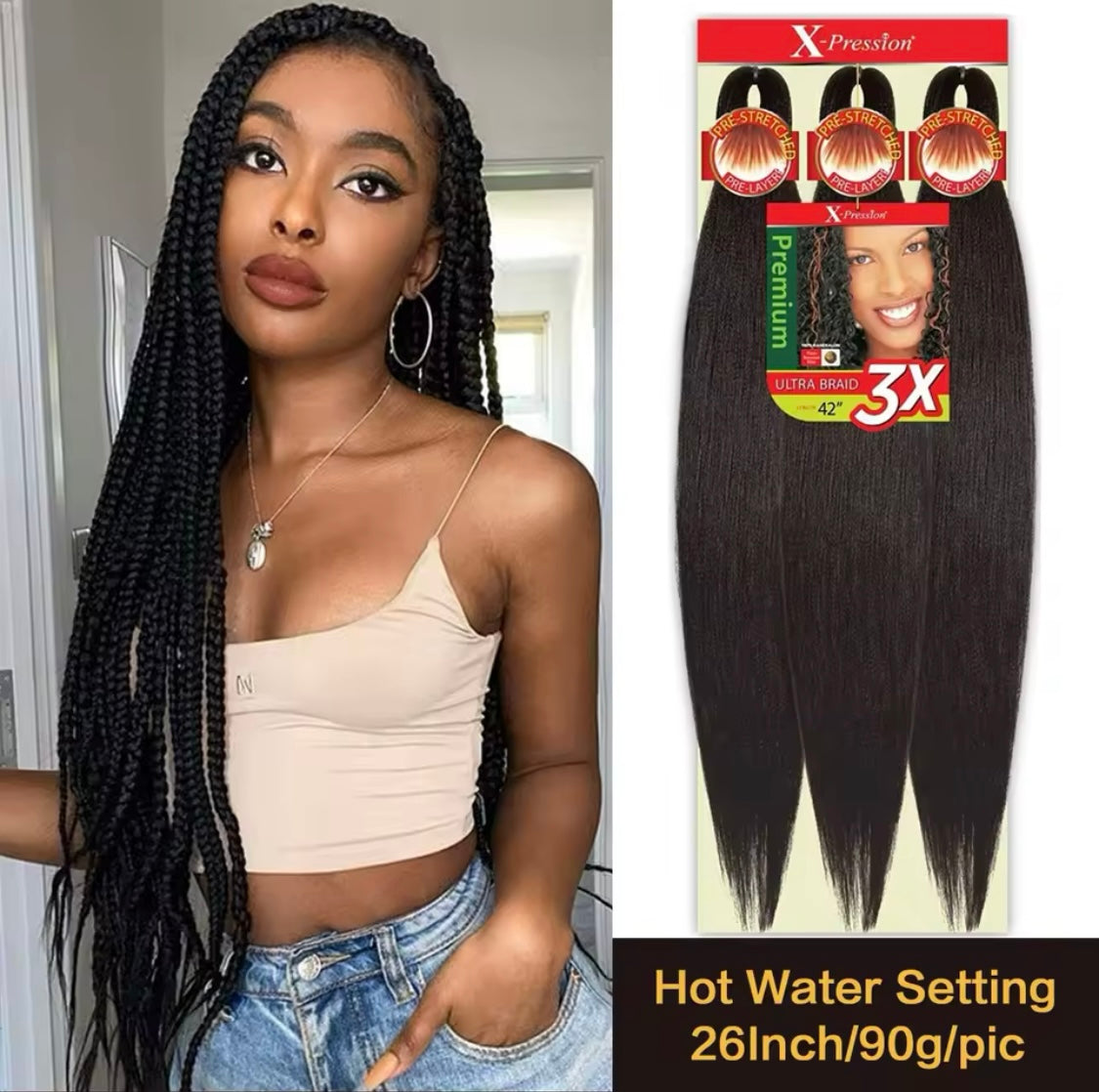1 Stück Schwarz (Farbe 2) Pre Stretched Braiding Hair Yaki Texture Kunsthaar zum einflechten Zöpfe box Braids Haar Professional Synthetic Hair Extension Flechthaar Haarverlängerung - RAIZA Collection