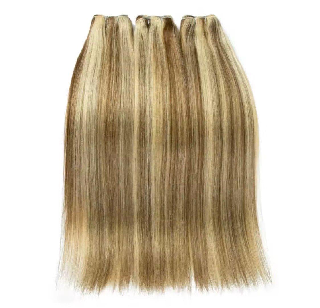 50g Premium Echthaar-Tresse – Blonde Highlight-Mix