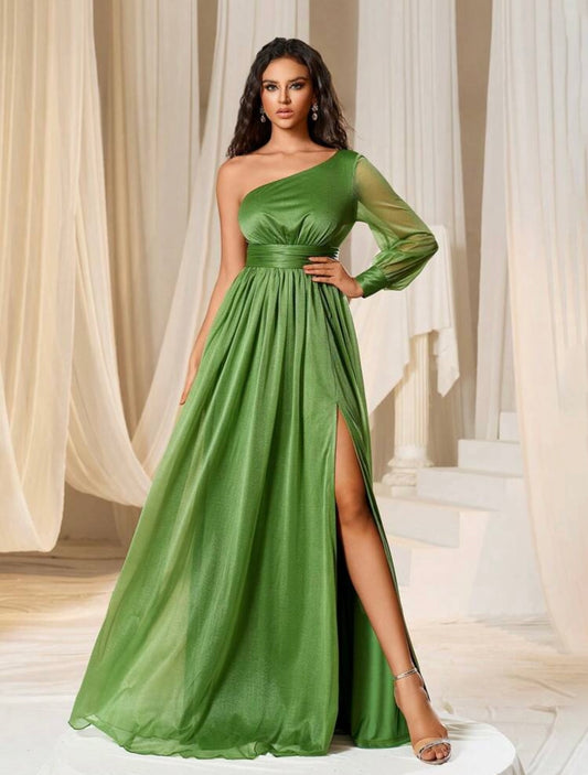 Stylischer und Figurbetontes Asymmetrischer Ausschnitt Langärmelig Damen Maxi Kleid mit einer Schulter frei - RAIZA Collection