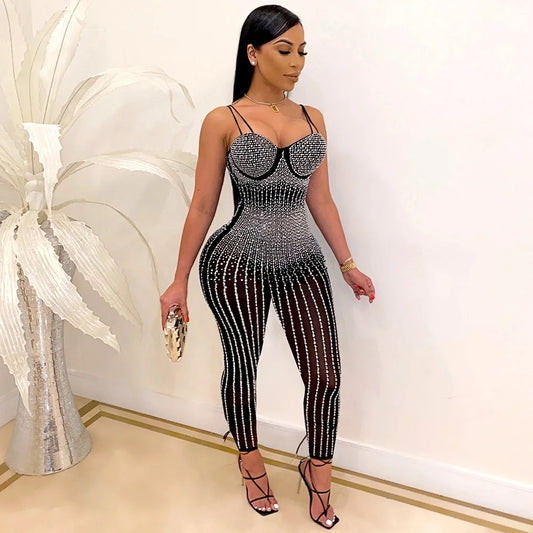 Damen Einteiler Jumpsuits Sexy Bodycon mit Strass Glitzernde Strampler Party Club Outfits Sexy - RAIZA Collection